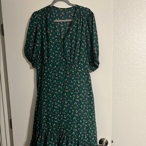 Forest Green Puff Sleeve V-Neck Midi Sundress